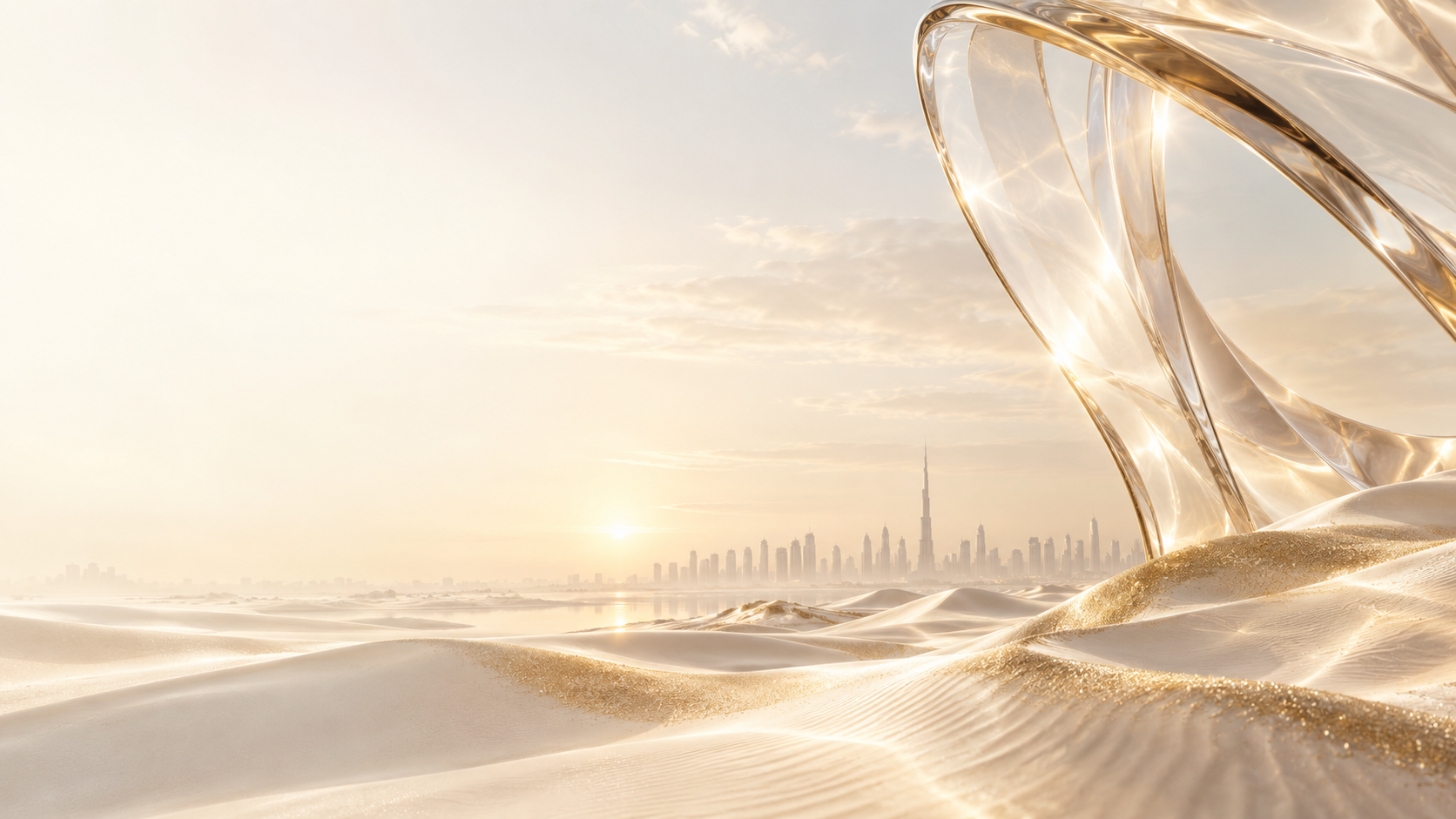 Pearl desert dunes, gold light, and sculptural clear glass with the distant Dubai skyline