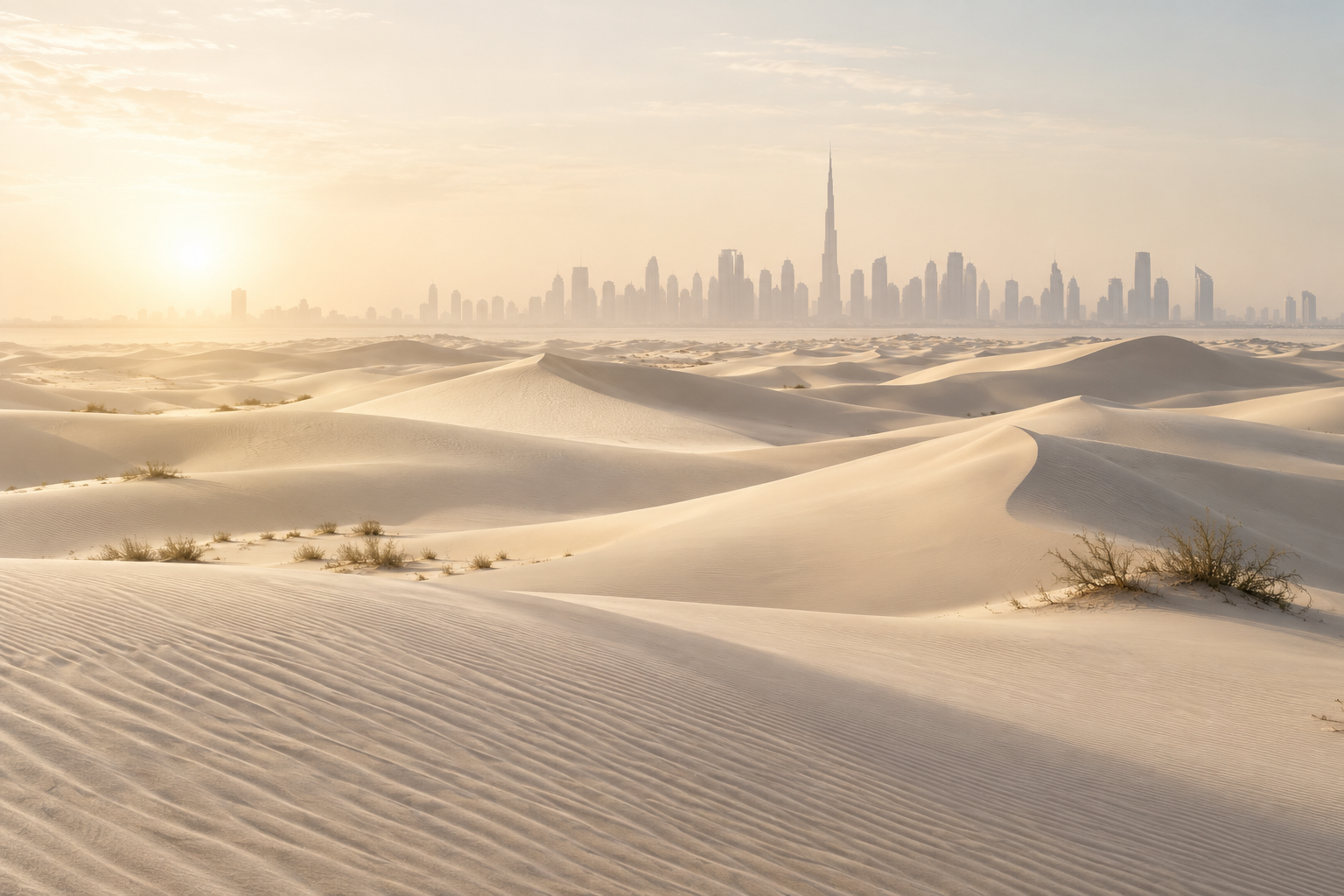Pale desert dunes in soft morning light with a distant Dubai skyline